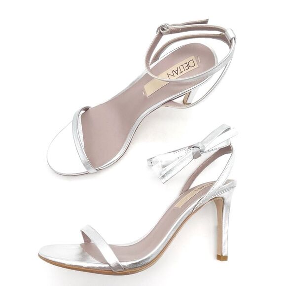 Deltan Miranda Leather Ankle Bow Strappy Dress Sandals Metallic Silver Size 9.5 - Picture 1 of 15